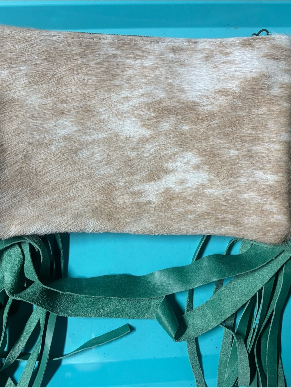 Suede Fringe and cowhide Crossbody Clutch in Tan and Green